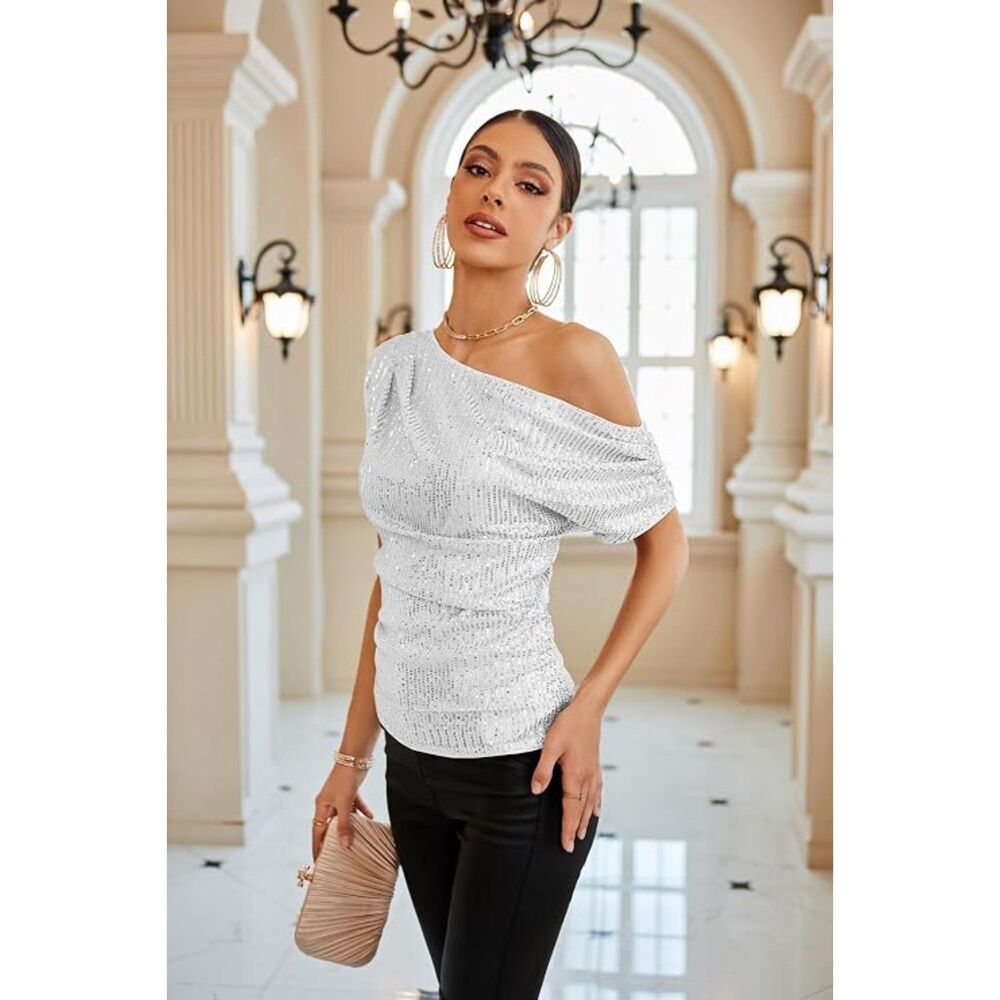 GRACE KARIN One Shoulder Sequin Top Ruched Asymmetrical Sparkly Party Blouse